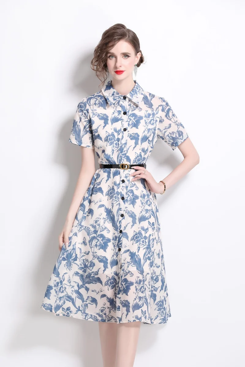 Floral Cinched Waist A Line Work Shirt Dress