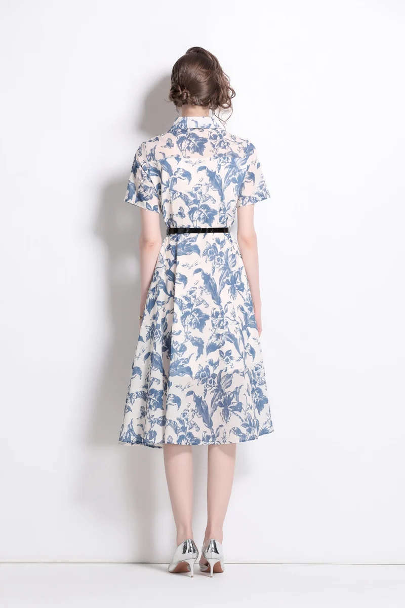 Floral Cinched Waist A Line Work Shirt Dress