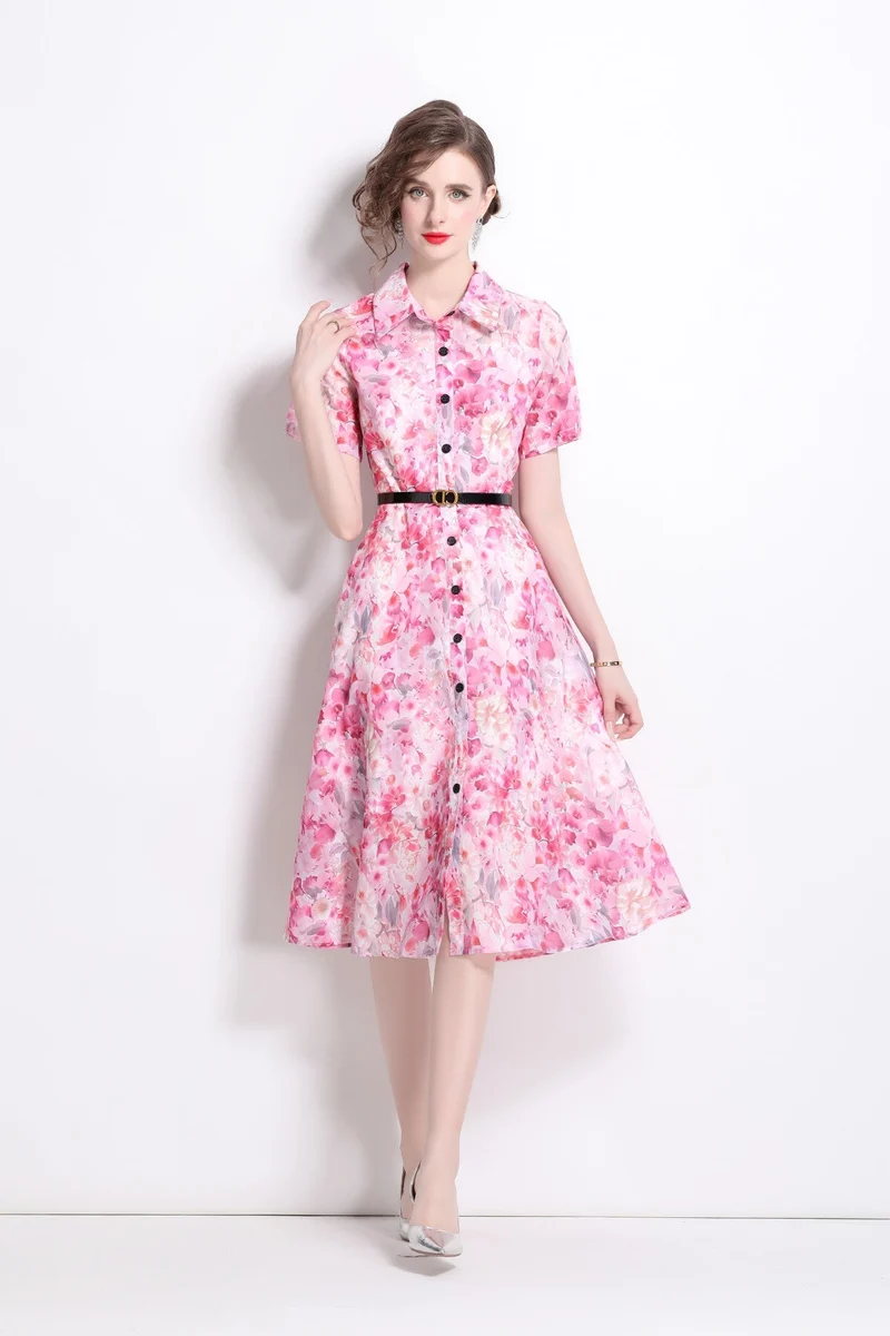 Floral Cinched Waist A Line Work Shirt Dress