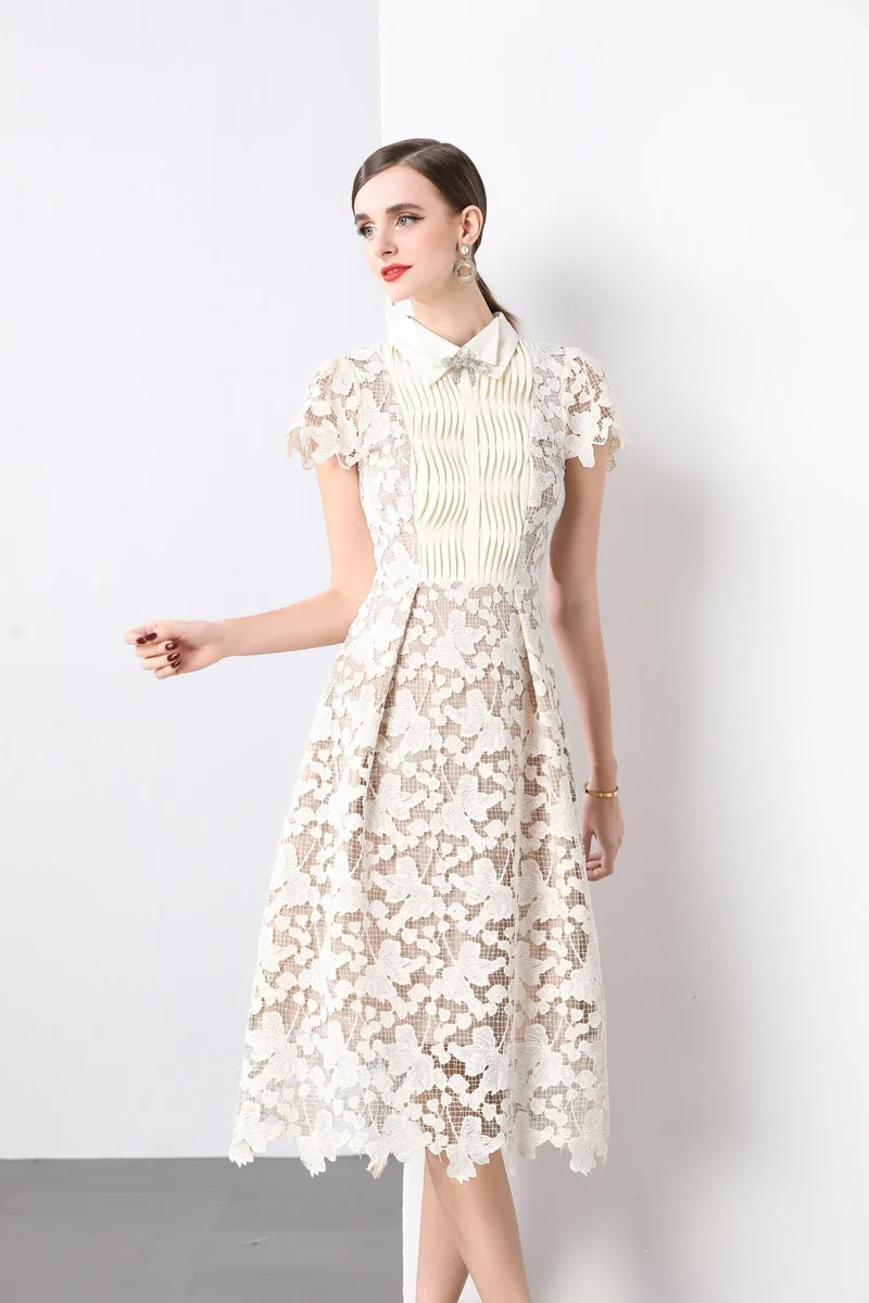 3D Floral Appliqué Bow Tie White Lace Midi Dress