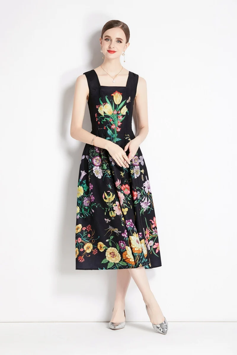 Vintage Black Floral High Waisted Spaghetti Strap Dress