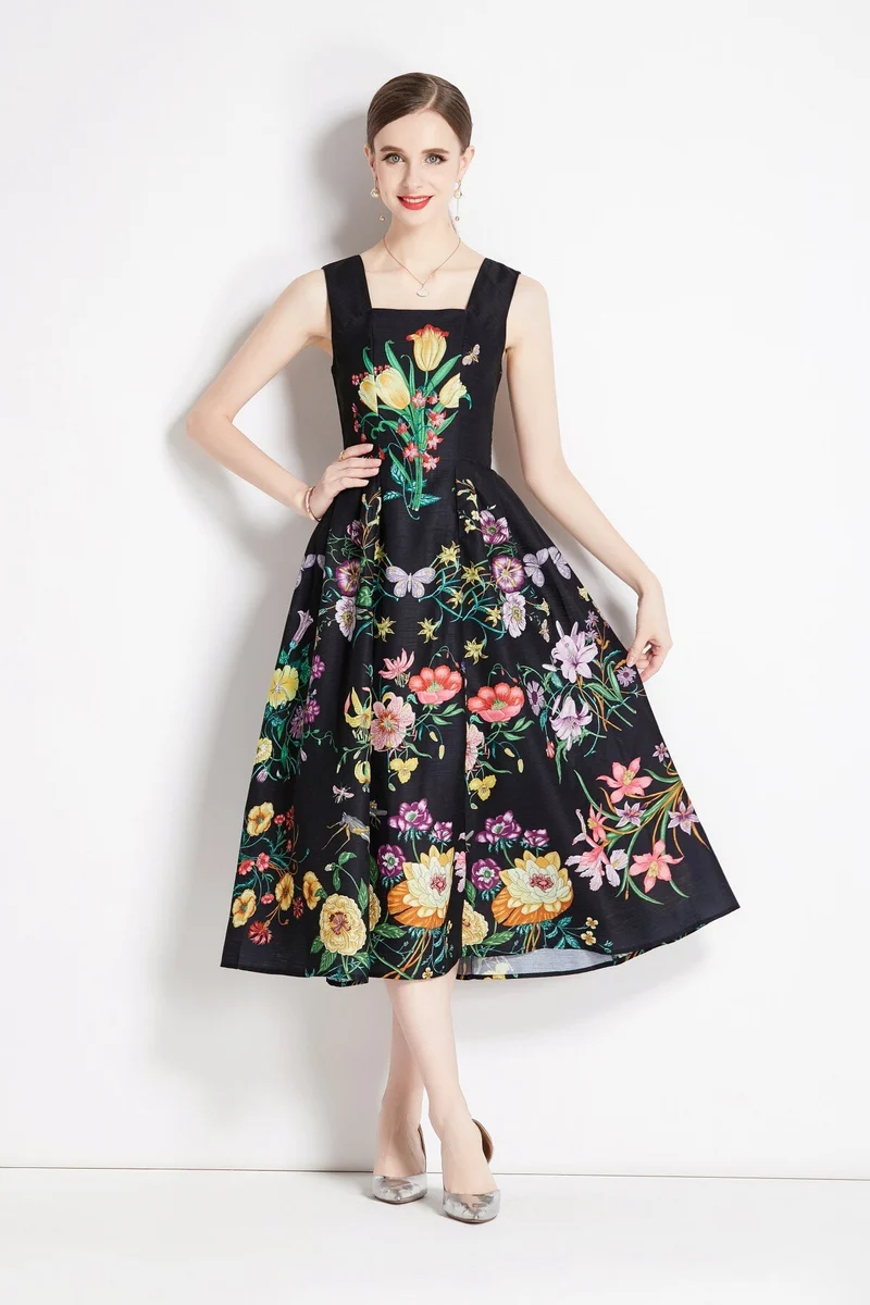 Vintage Black Floral High Waisted Spaghetti Strap Dress