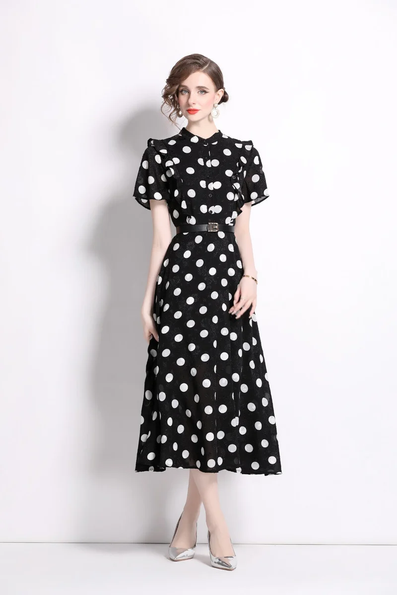 French Polka Dot Print Stand Collar Midi A Line Dress