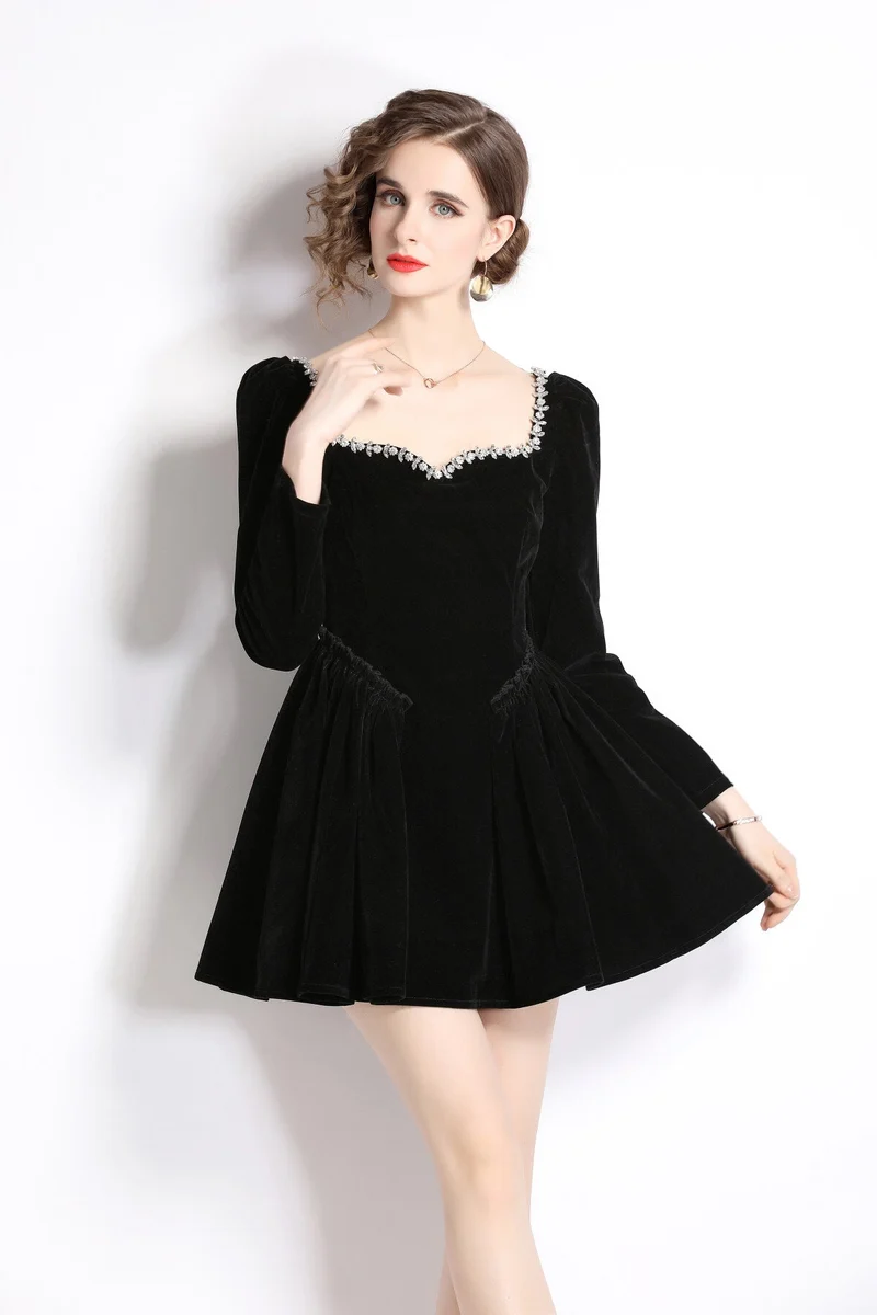 Square Neck Mid Waist Black Vintage Heavy Beaded Velvet Dress
