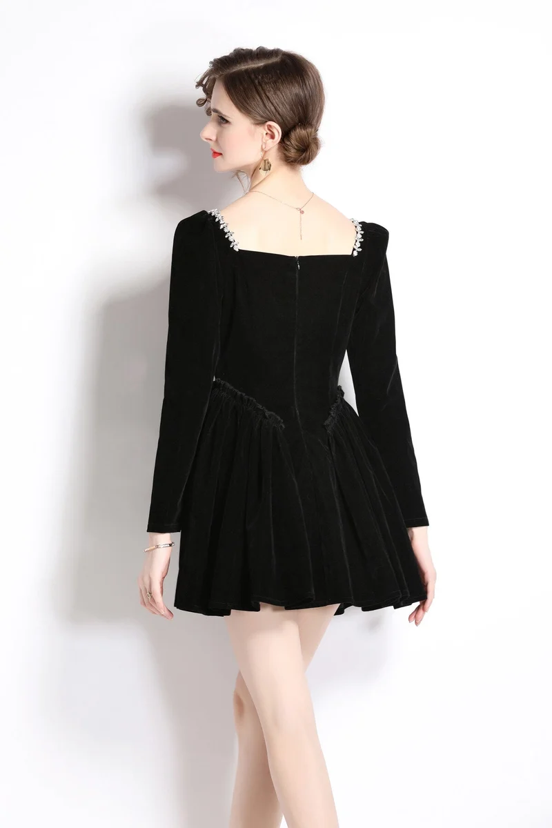 Square Neck Mid Waist Black Vintage Heavy Beaded Velvet Dress