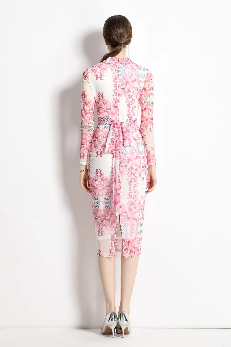 Floral Pink Plunging Fitted Garden Party Midi Dress