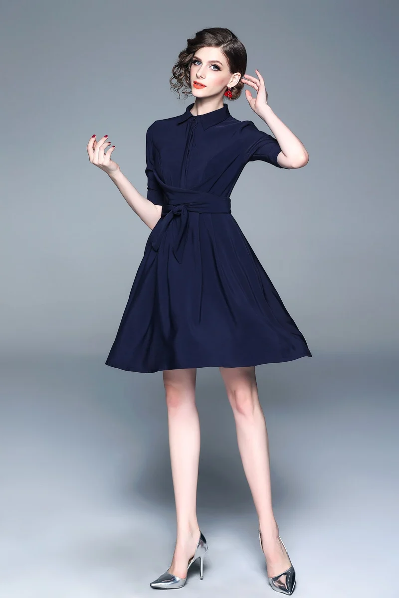 Classic Navy Blue Belted Shirt Dress