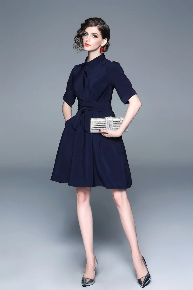 Classic Navy Blue Belted Shirt Dress