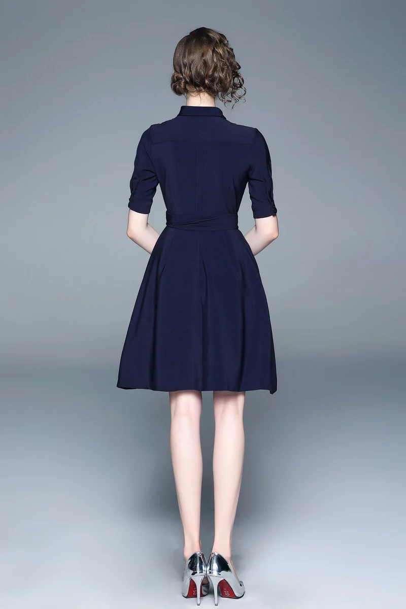 Classic Navy Blue Belted Shirt Dress