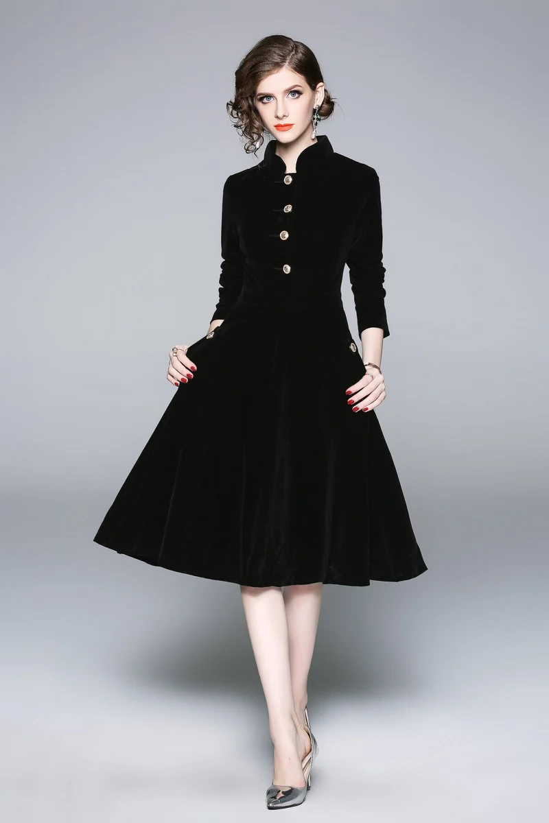Black Velvet Vintage Stand Collar Fit and Flare Dress