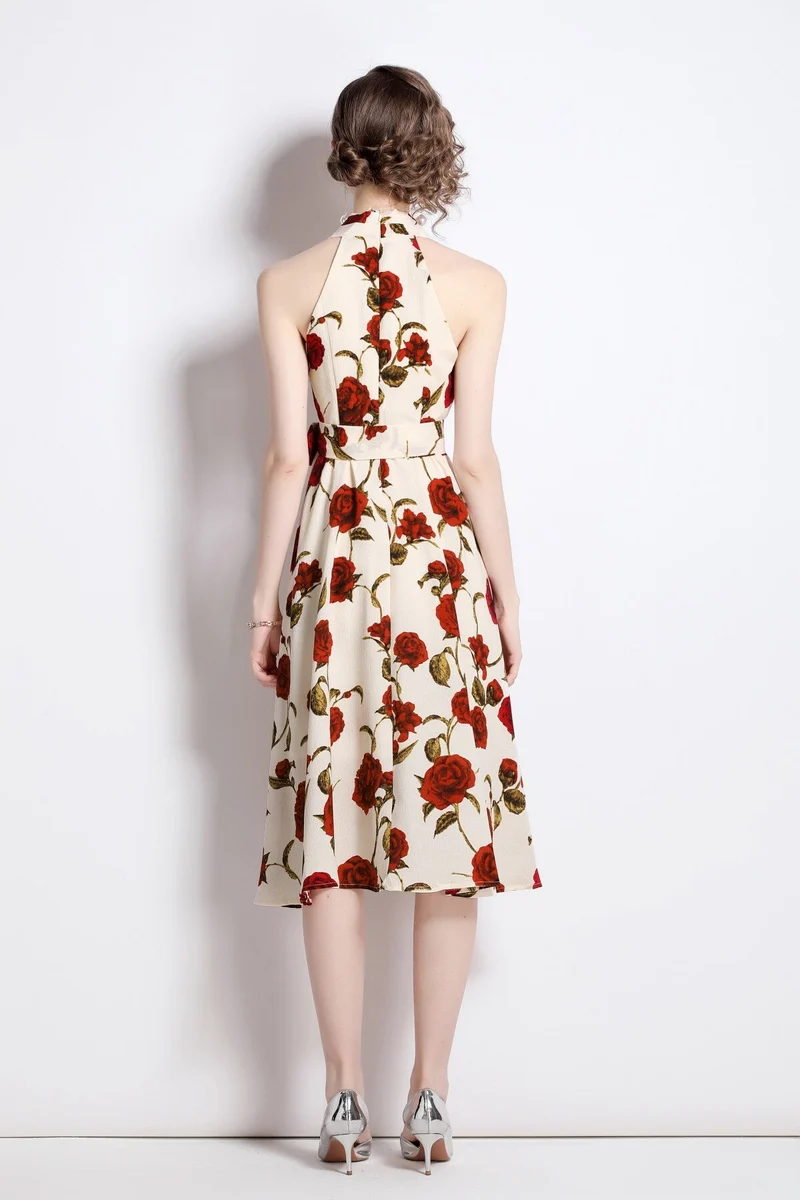 Floral High Waisted Slimming Halter Neck Beige A Line Dress
