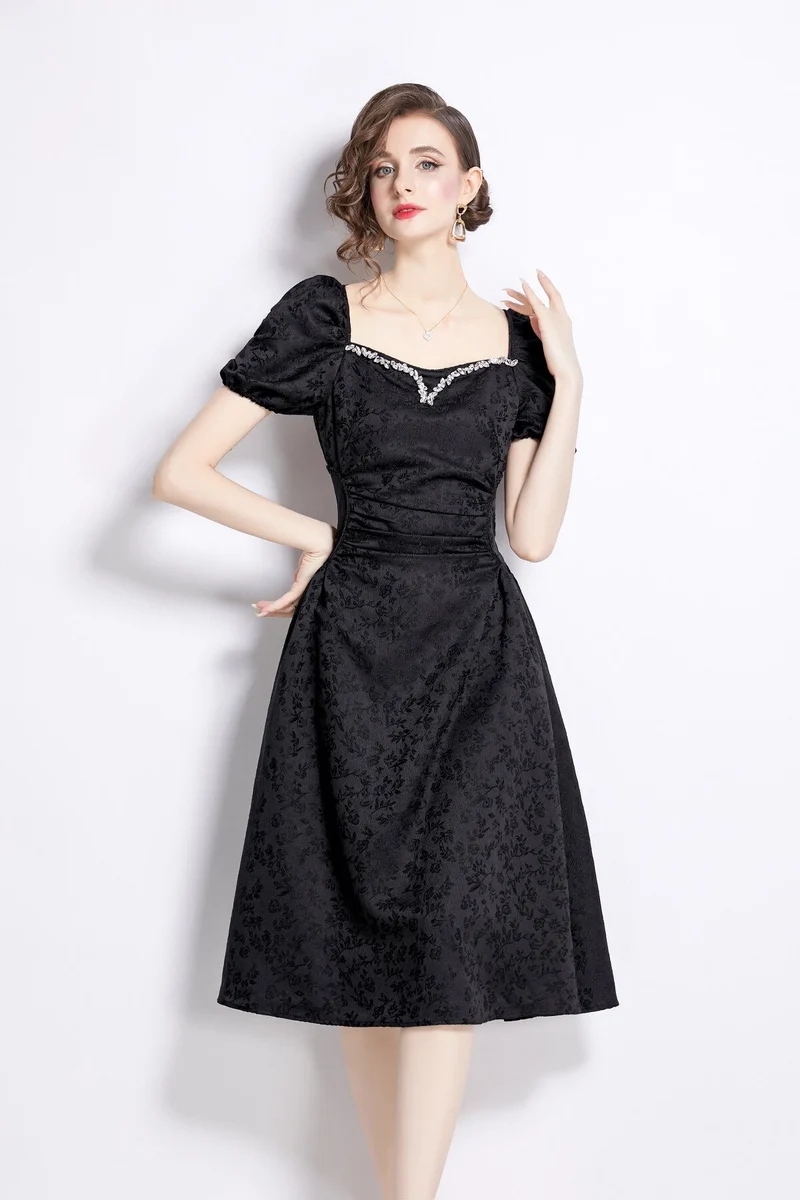 Jacquard Hand Beaded Square Neck Puff Sleeve Midi Dress