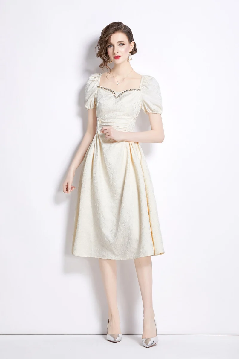 Jacquard Hand Beaded Square Neck Puff Sleeve Midi Dress