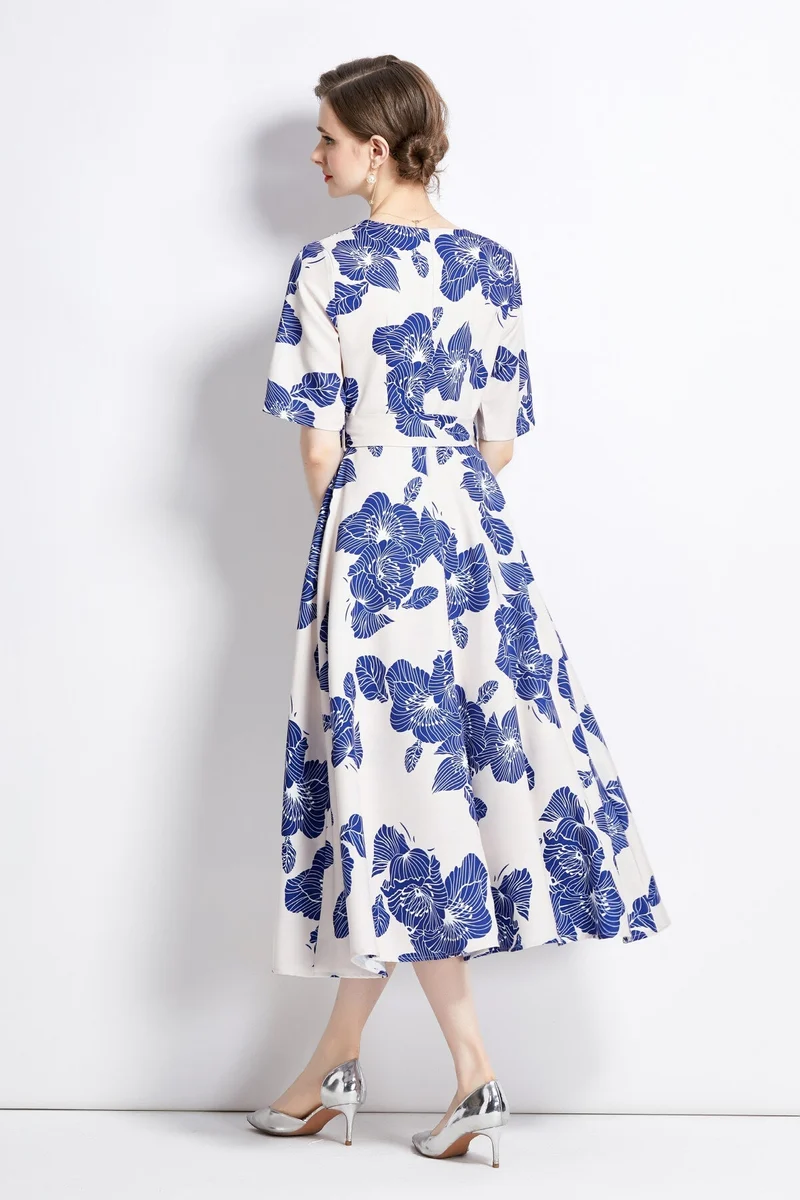 Porcelain Blue Vintage Print Waist Cinching Midi Dress