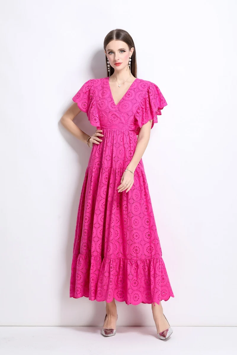 Samantha Lace Cut Out Ruffle Sleeve Maxi Dress