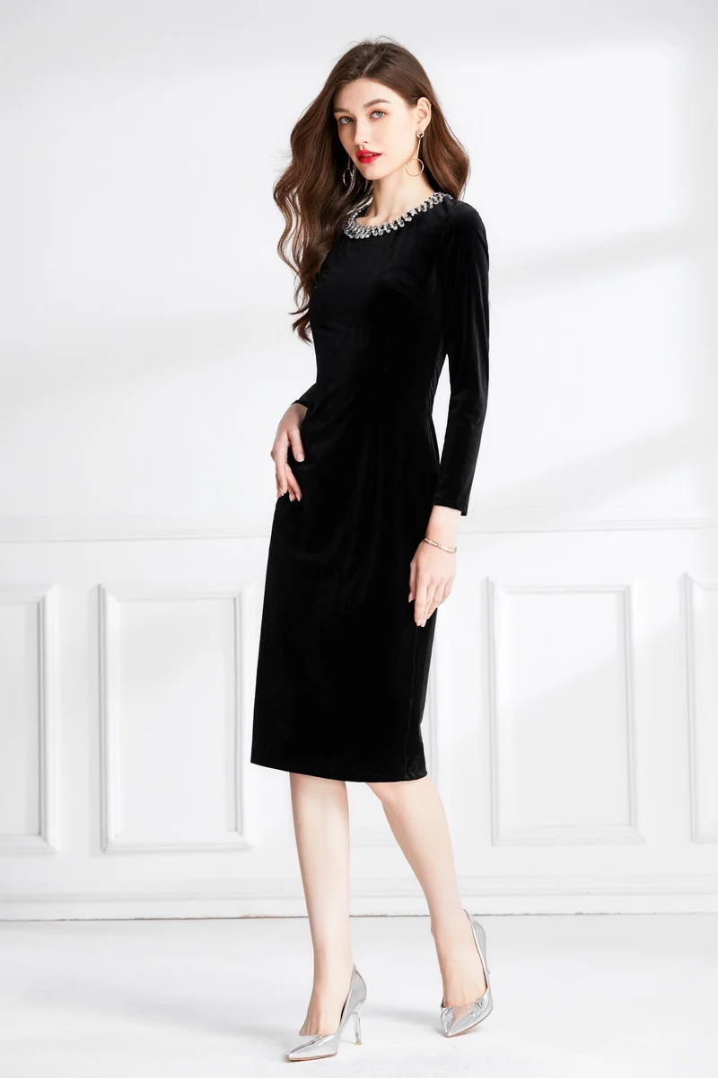 Beaded Vintage High Waist Slit Black Velvet Maxi Dress