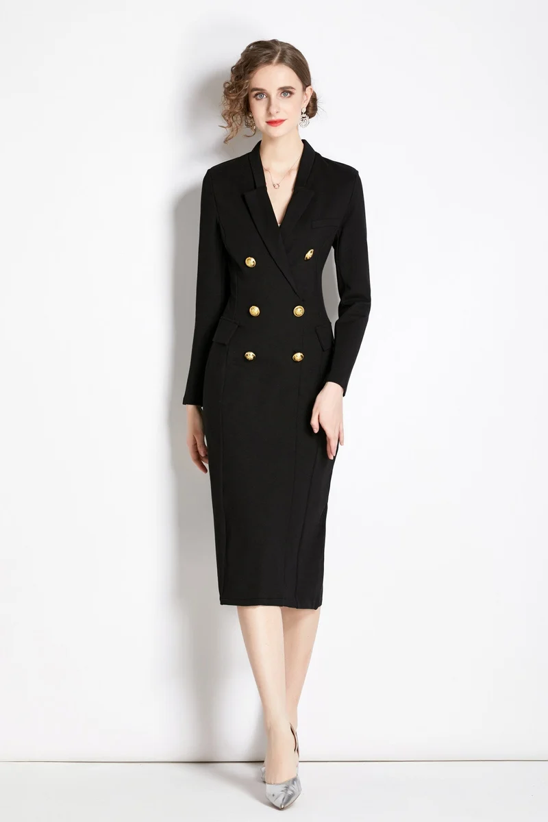 Gold Double Breasted Black Midi Blazer Dress