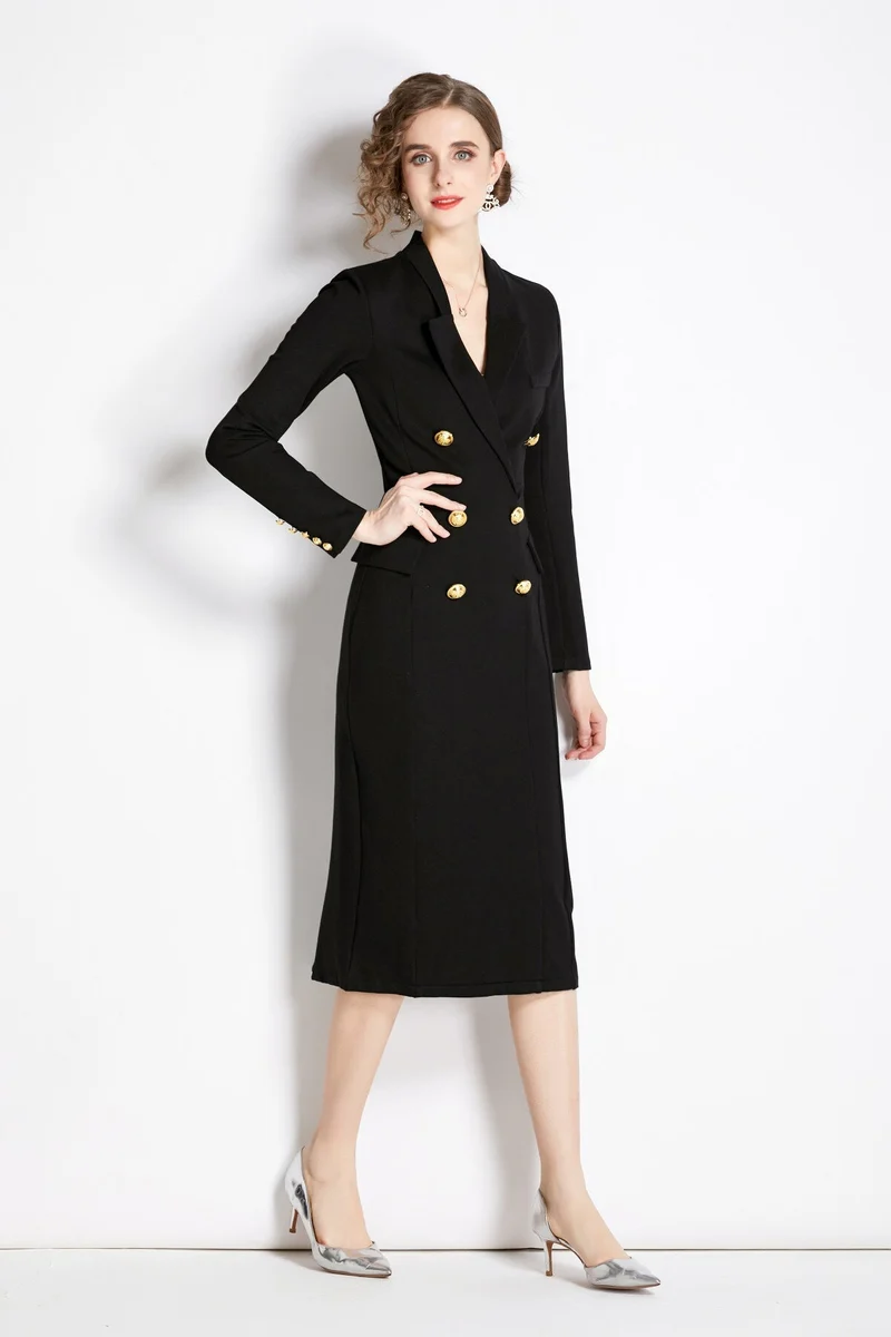 Gold Double Breasted Black Midi Blazer Dress