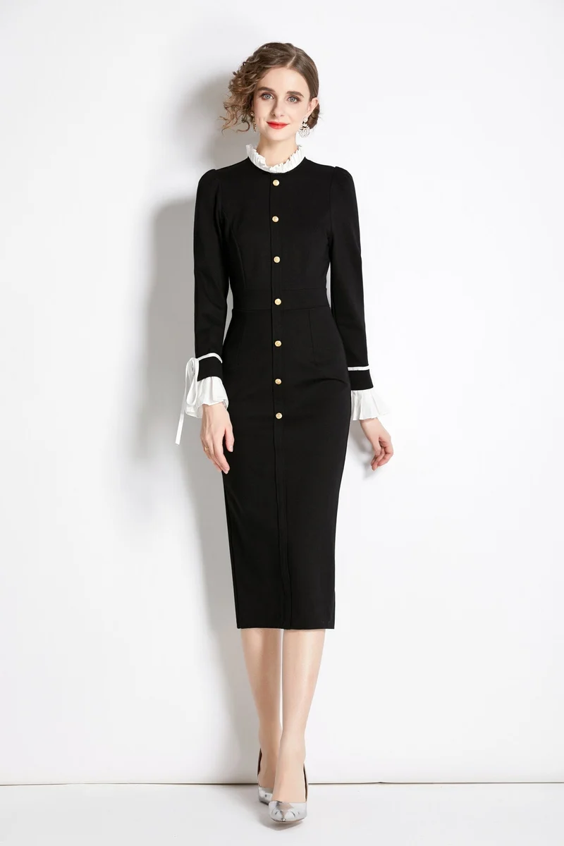 Black French Paneled Button Down Slim Fit Dress