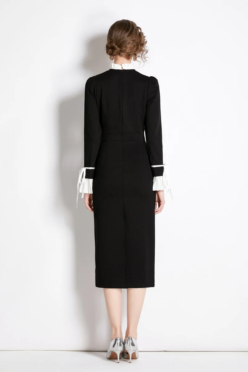 Black French Paneled Button Down Slim Fit Dress