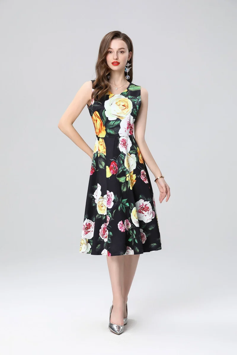 Structured A Line Floral Black Dress