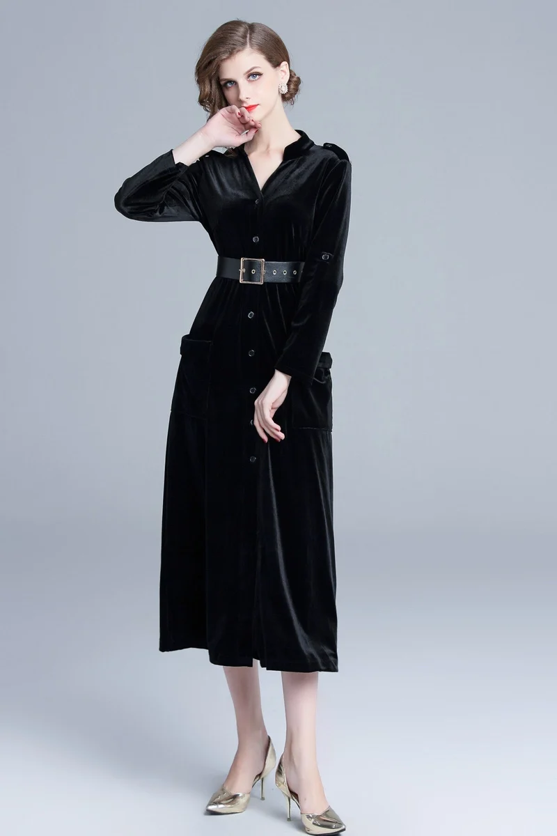 Midnight Black Velvet Long Sleeve Belted Midi Dress