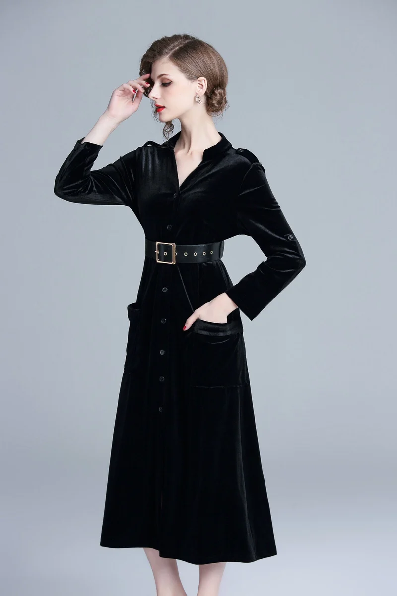 Midnight Black Velvet Long Sleeve Belted Midi Dress