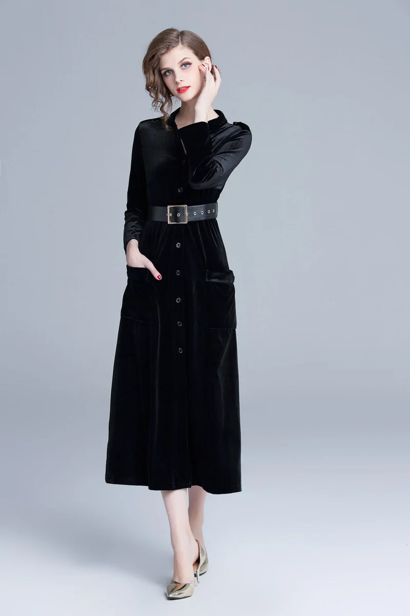 Midnight Black Velvet Long Sleeve Belted Midi Dress