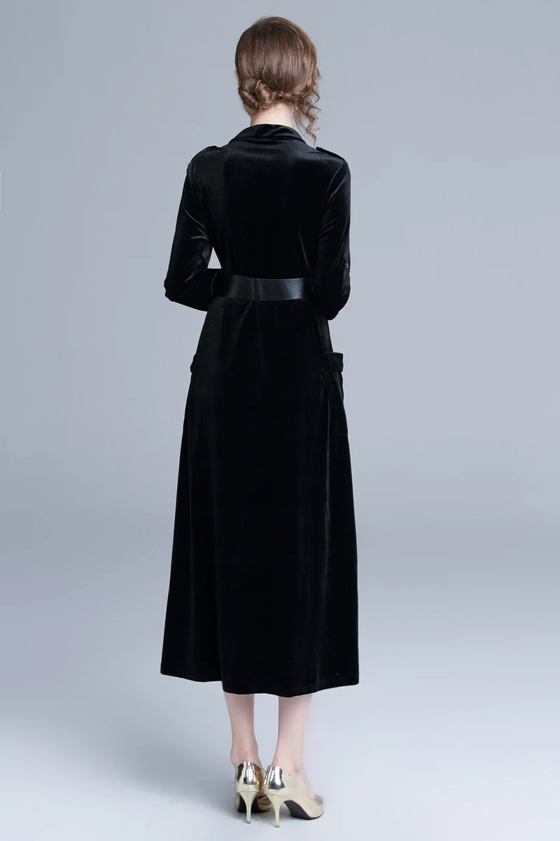 Midnight Black Velvet Long Sleeve Belted Midi Dress