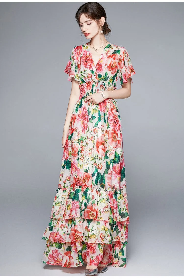 Stretchy Floral V Neck Ruffled Waist Maxi Dress