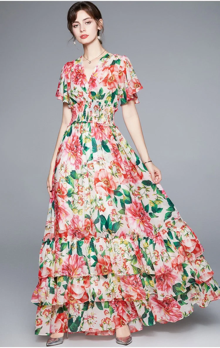 Stretchy Floral V Neck Ruffled Waist Maxi Dress