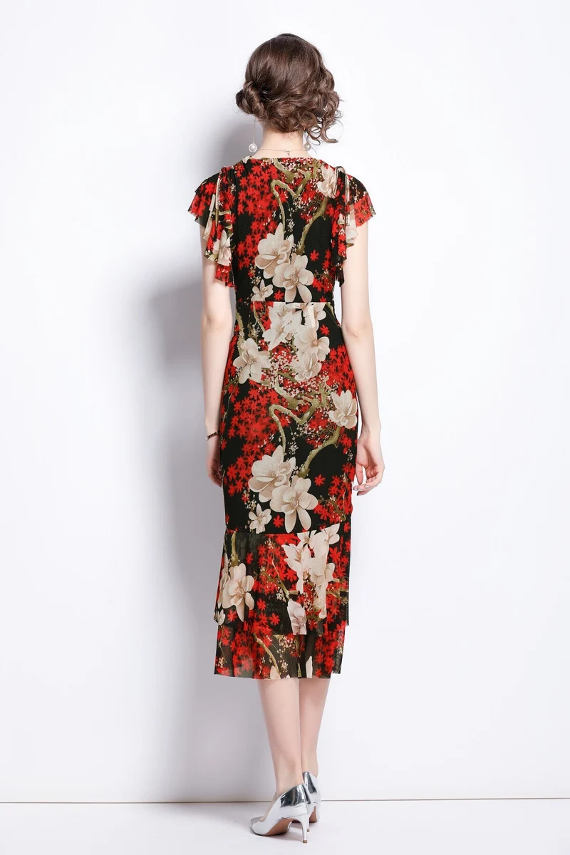 Slim Fit Plunging Neckline Floral Red Bodycon Dress
