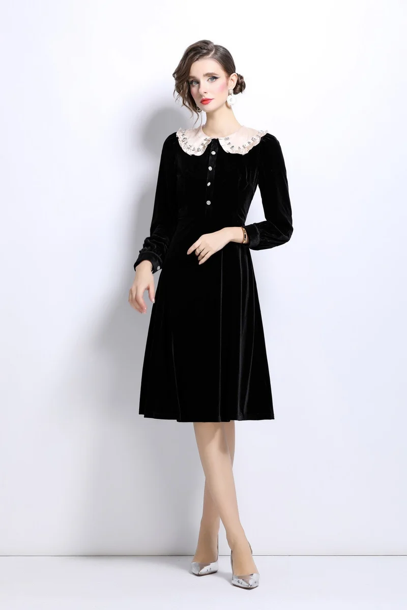 French Lace Collar Knee Length Black Velvet Dress