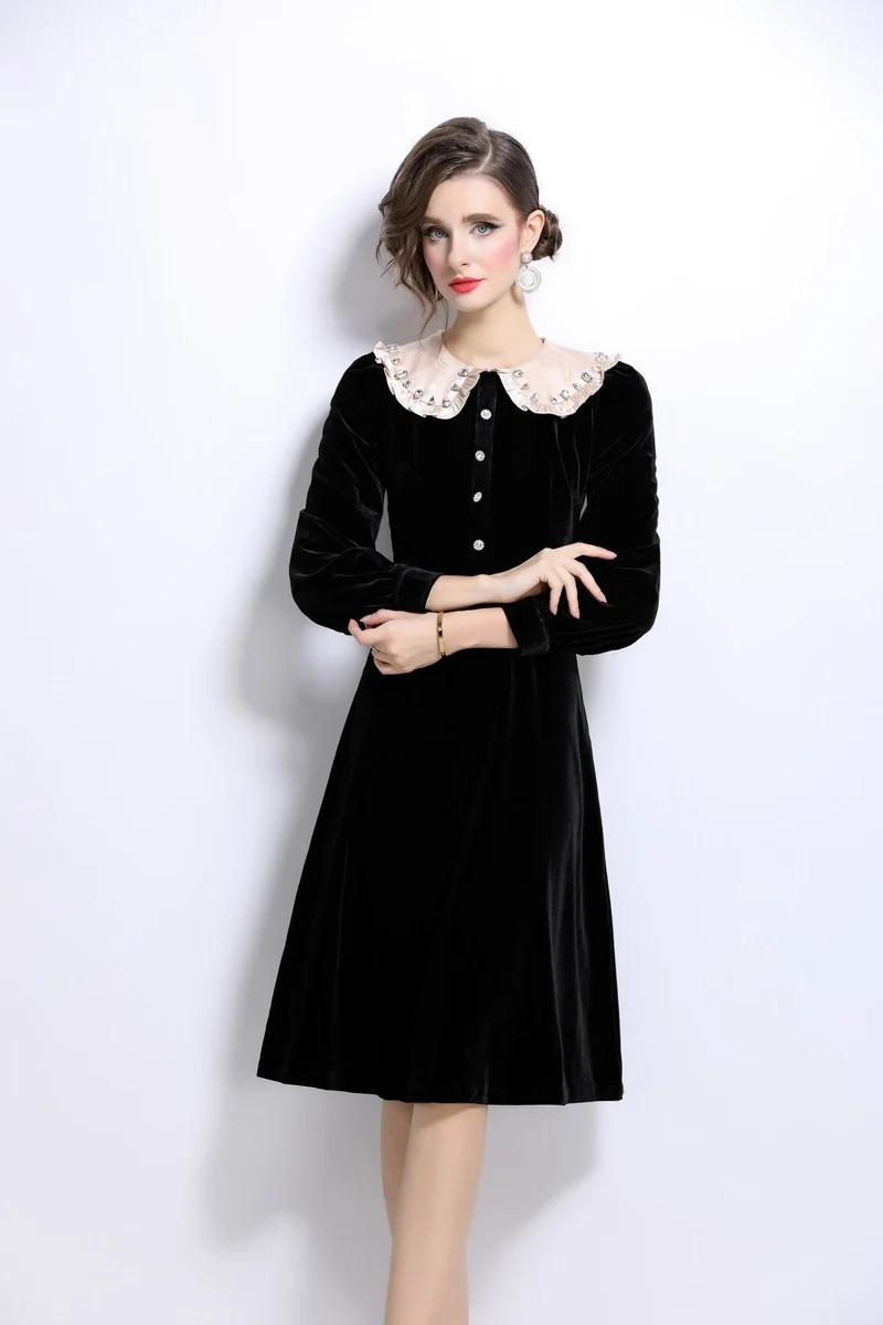 French Lace Collar Knee Length Black Velvet Dress