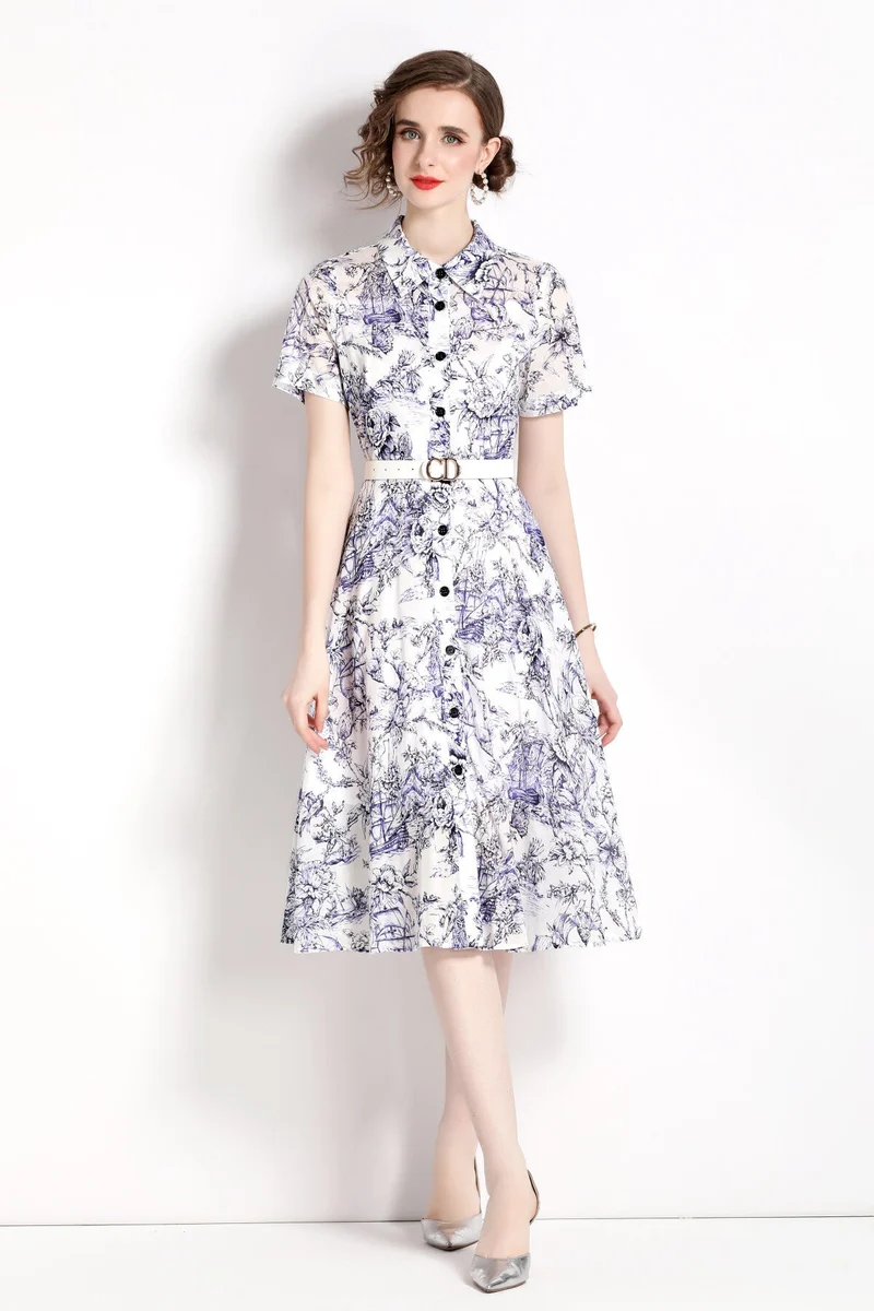 Natural Forest Waist Cinching Flared Work Shirt Dress