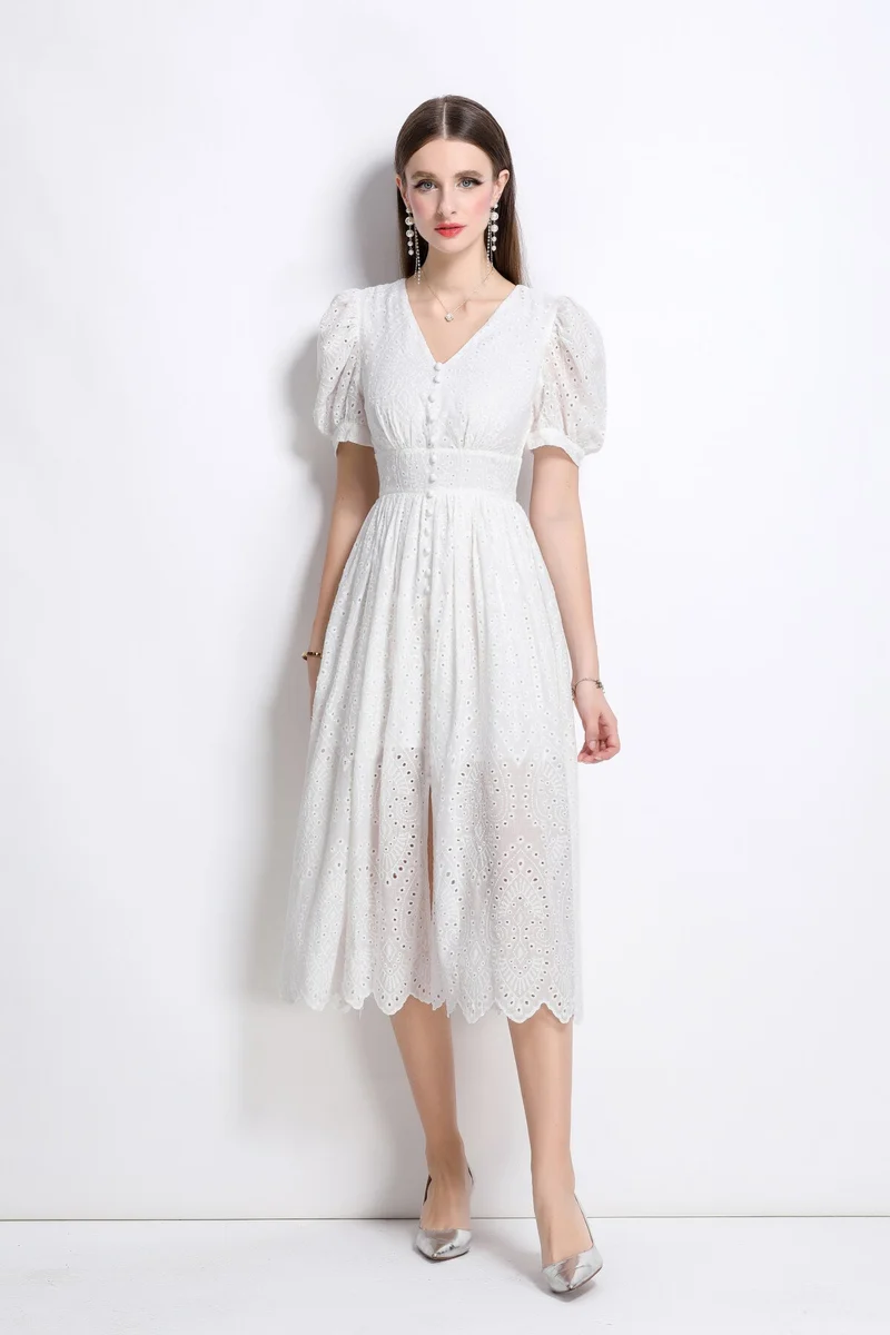 Plunging Neckline Lantern Sleeve Flowy White Maxi Dress