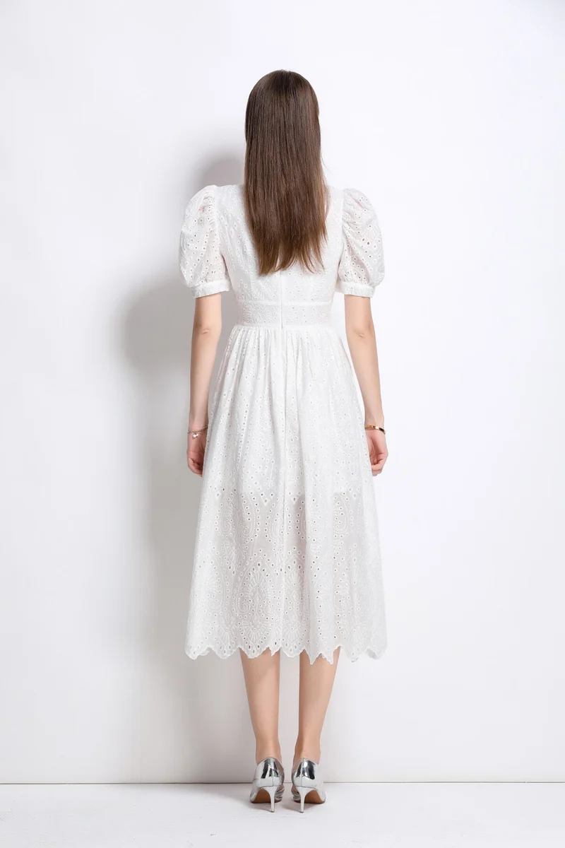 Plunging Neckline Lantern Sleeve Flowy White Maxi Dress