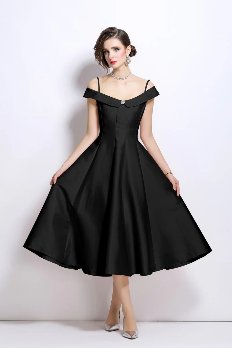 Off Shoulder Sweetheart Neckline Calf Length Dress