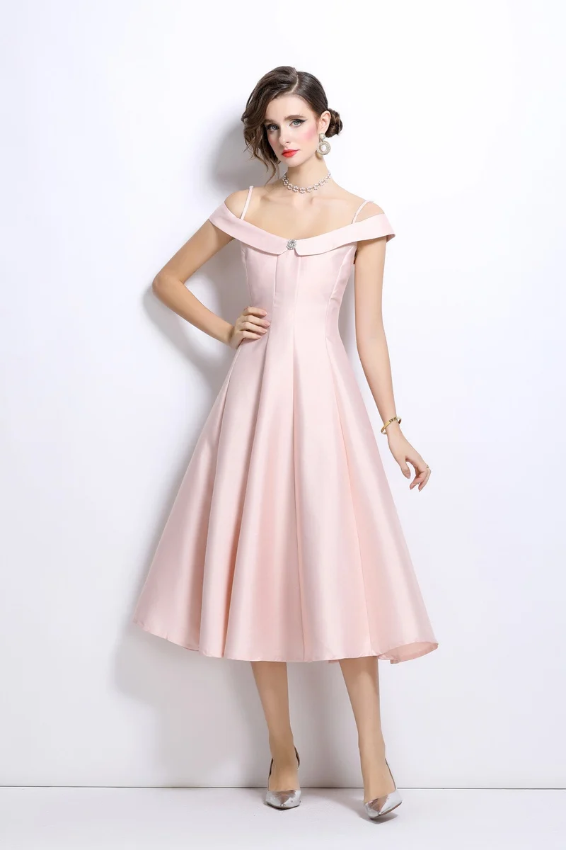 Off Shoulder Sweetheart Neckline Calf Length Dress