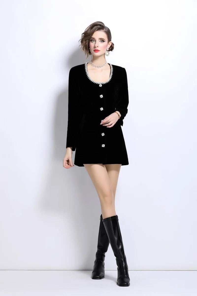 Scoop Neck Button Down Long Sleeve Coat Dress