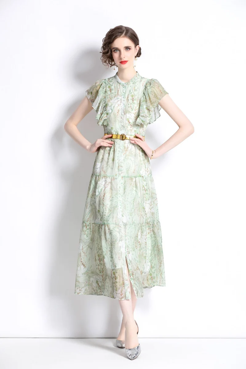 Ruffled Short Sleeve Belted Mint Green Midi Dress