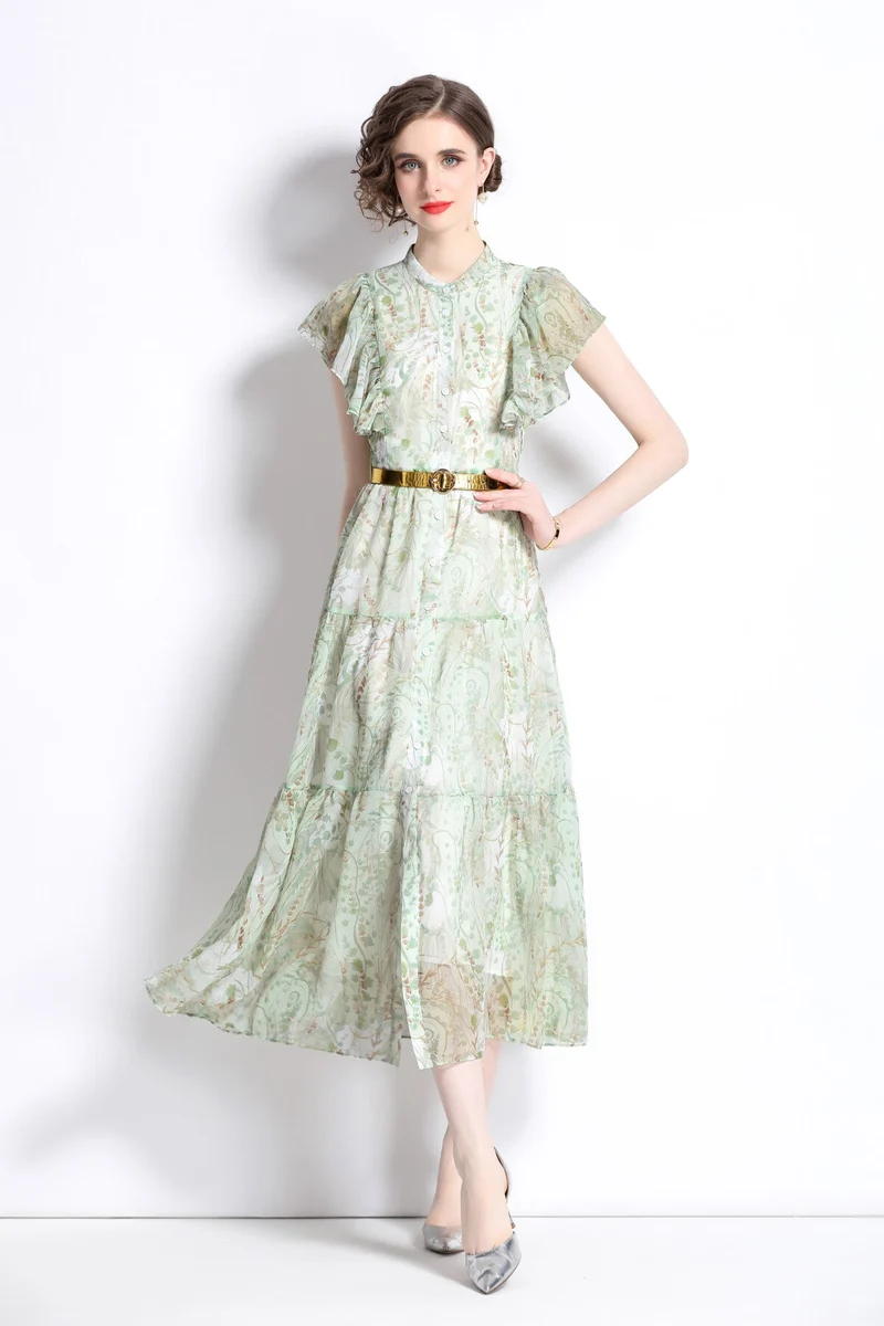 Ruffled Short Sleeve Belted Mint Green Midi Dress