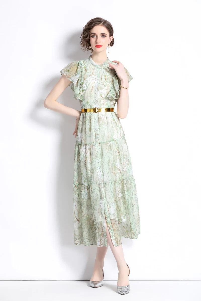 Ruffled Short Sleeve Belted Mint Green Midi Dress