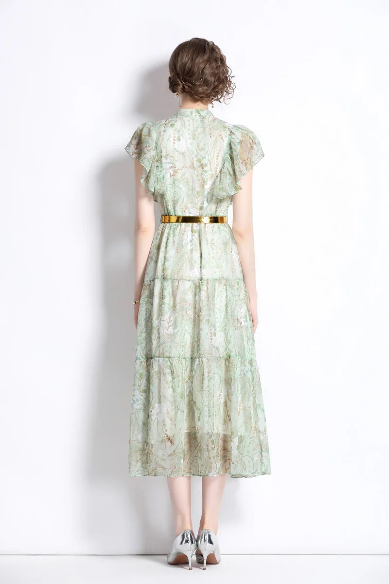 Ruffled Short Sleeve Belted Mint Green Midi Dress