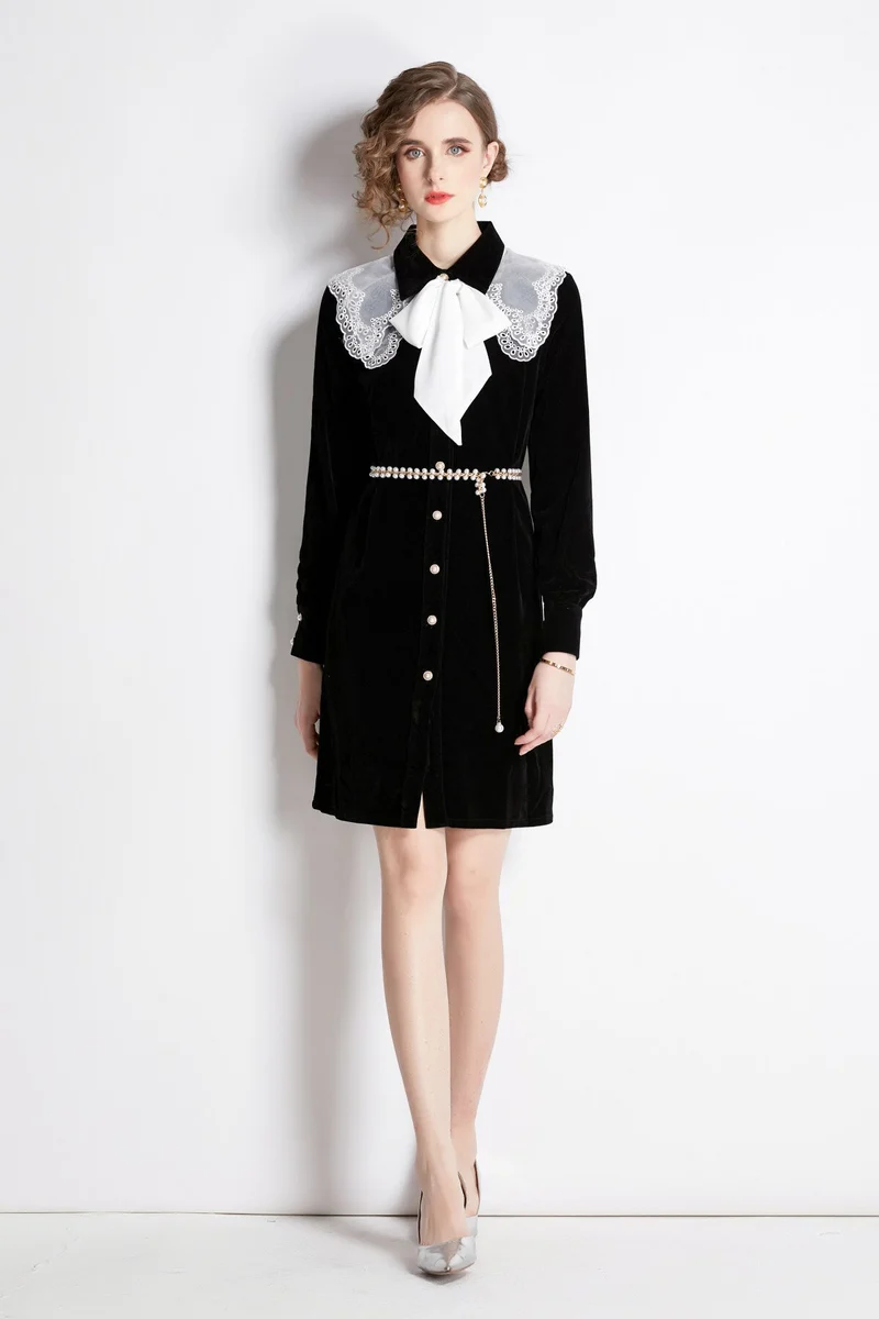 Black Velvet Embroidered Collar Button Up Long Sleeve Dress