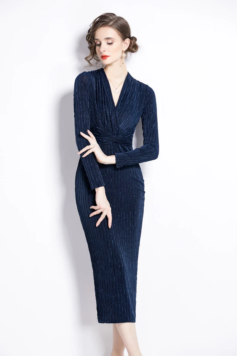 V Neck Tie Waist Bodycon Versatile Velvet Dress