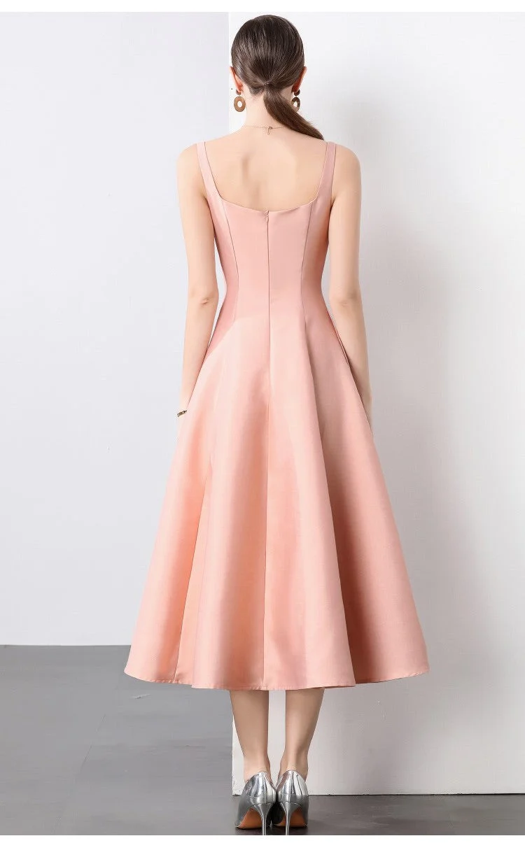 Square Neck Thick Strap Long Flared Ballerina Dress