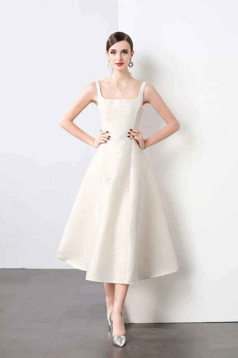 Square Neck Thick Strap Long Flared Ballerina Dress