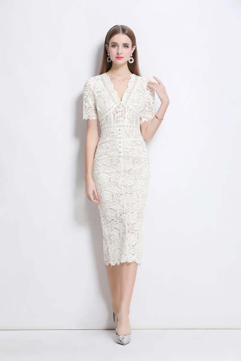 Donna Slim Fit White Lace Cut Out Dress with Inner Slip