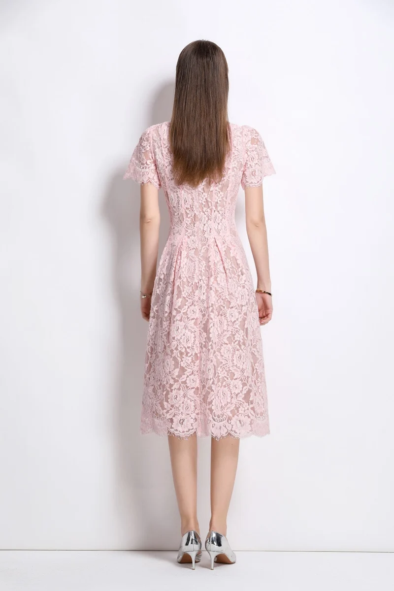 Flamingo Pink Sheer Floral Lace Dress